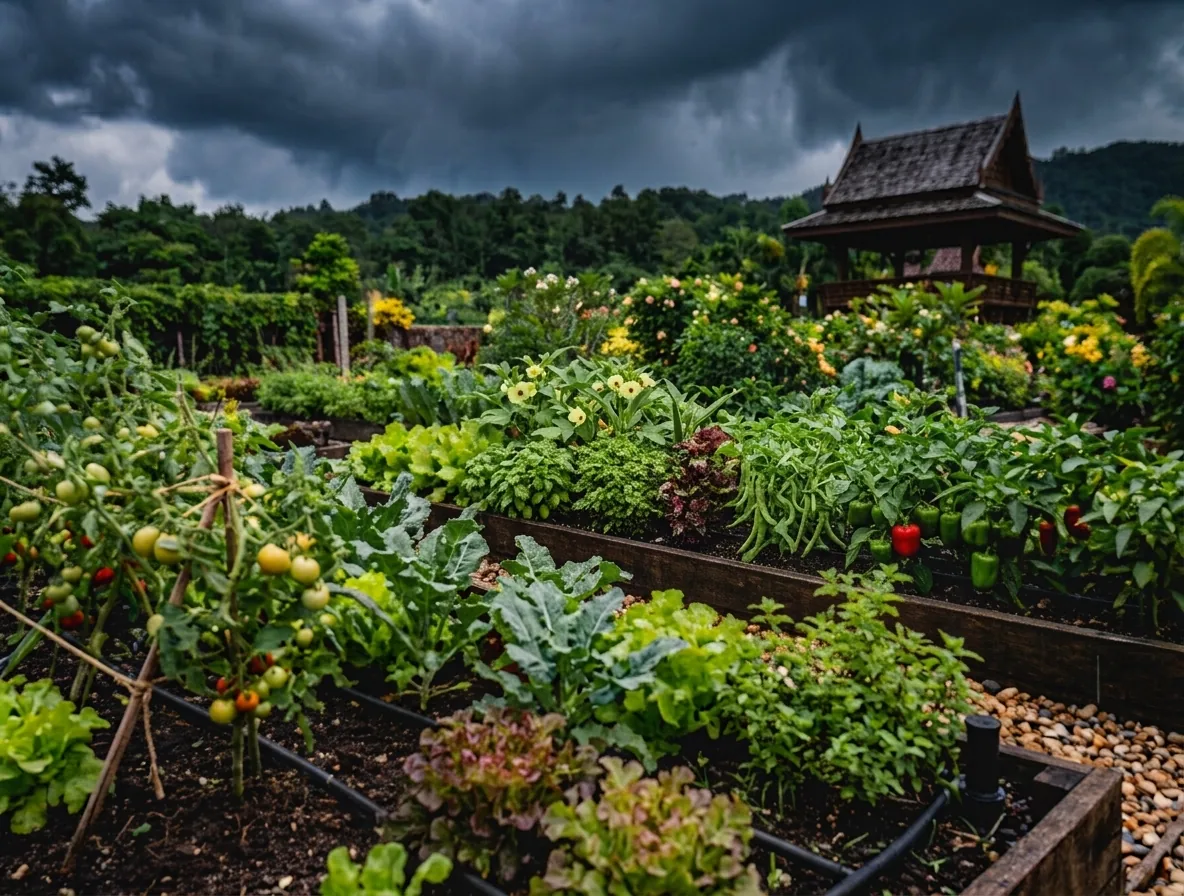Raised vegetable beds with tomatoes, peppers and a black drip line under dark storm clouds, with a Thai-style pavilion behind