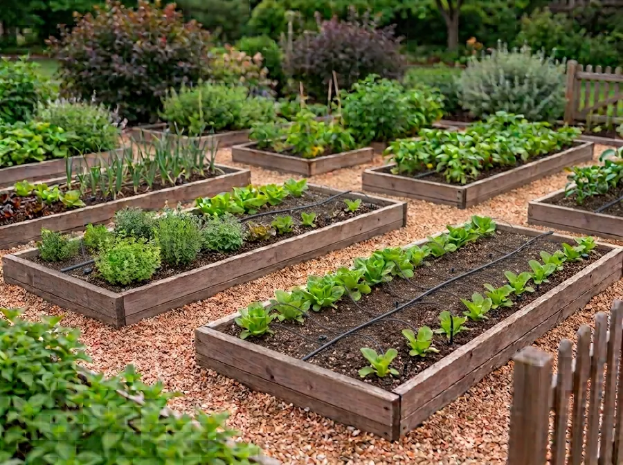 Rows of raised garden beds with drip irrigation lines