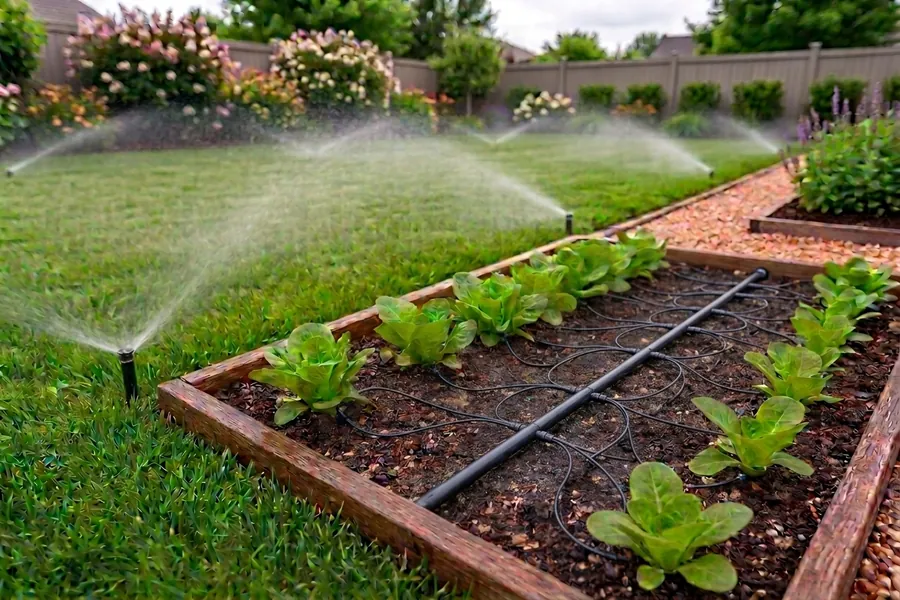 Sprinklers and drip irrigation watering a garden bed