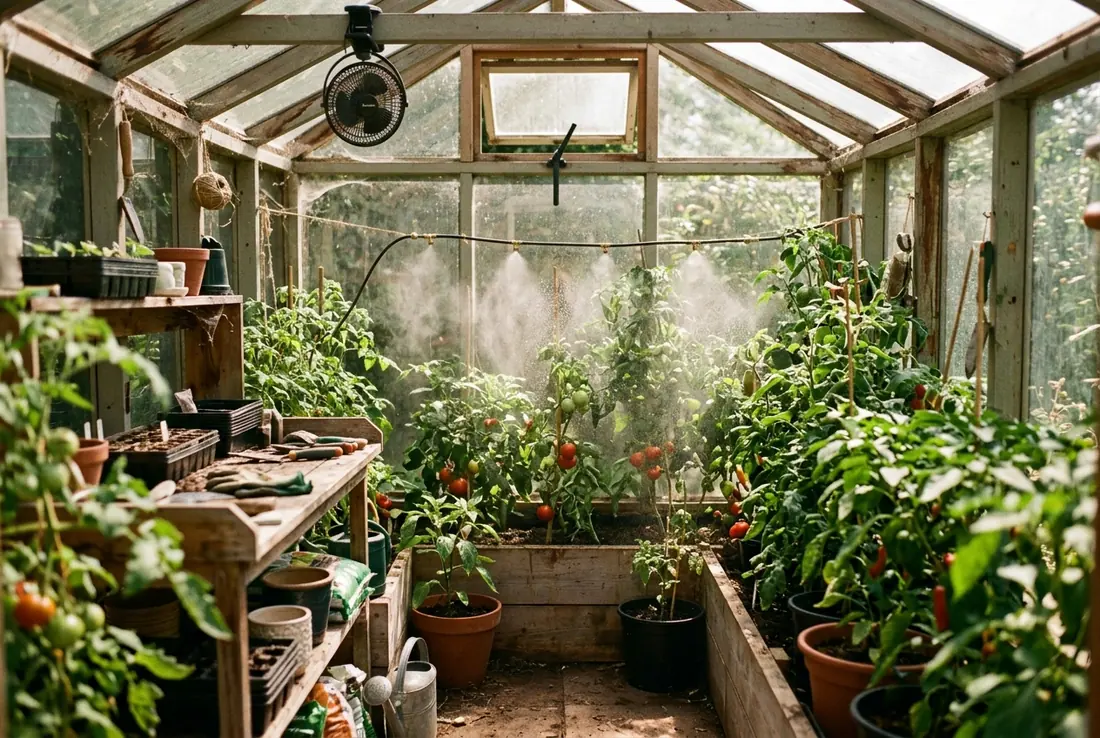 Inside a small greenhouse with the roof vent open and a fine mist over the plants