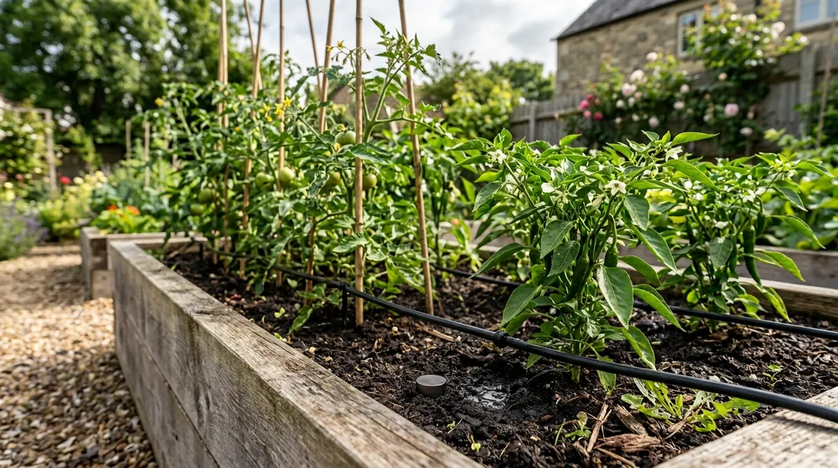 Raised vegetable bed with tomato and chili plants, a black drip irrigation line and a small soil moisture sensor in the soil
