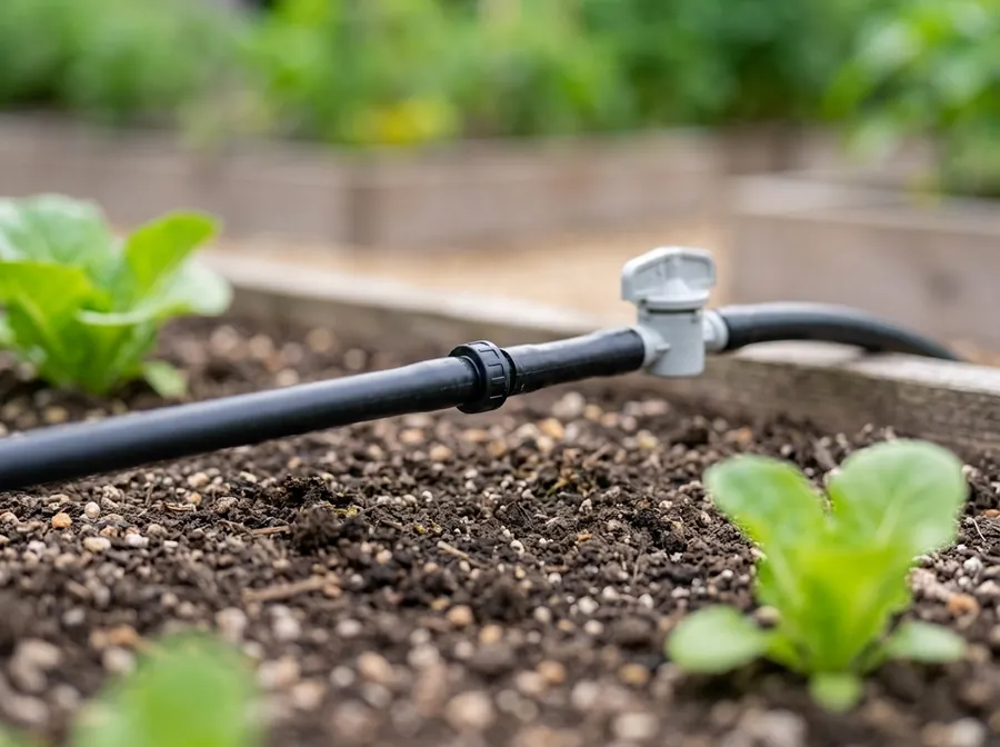 Close-up of a drip irrigation valve and tubing in a garden bed